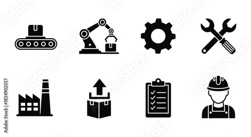 Industrial icons depicting factory automation engineering and maintenance symbols
