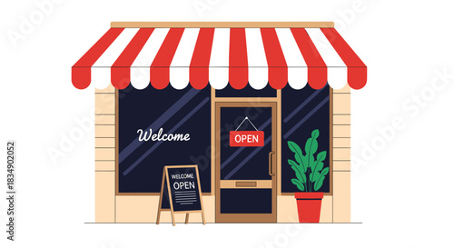 Shopfront with Red and White Awning and Open Sign.