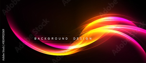 Abstract flowing lines, vibrant colors. Pink, orange, yellow gradients over black background. Modern design element, dynamic energy.