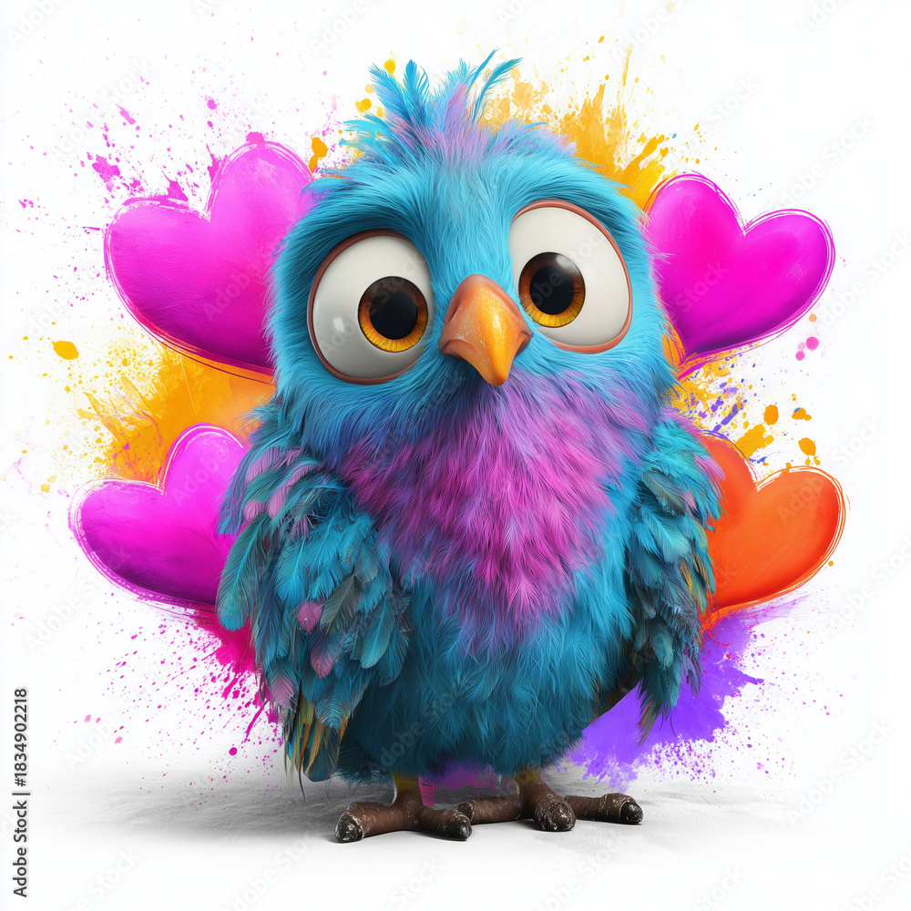Fototapeta premium A cute, fluffy blue bird with big eyes and pink and purple accents, surrounded by colorful hearts and paint splatters.