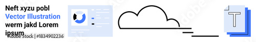 Cloud technology, file sharing, data storage, digital communication, text editing, online tools. Cloud icon, text blocks and interface elements. Cloud technology and file sharing concept