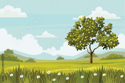 a peaceful landscape scene featuring a vibrant green field and a lush