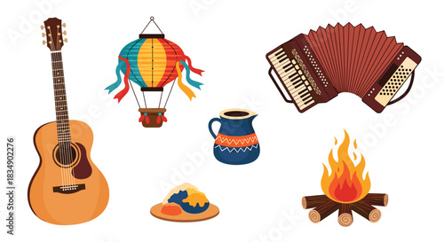 Festive Brazilian June Party Elements Illustration on White Background.