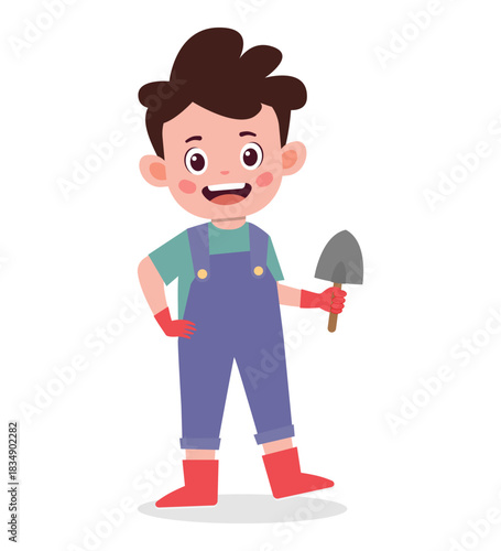 A cartoon boy wearing overalls and holding a trowel.