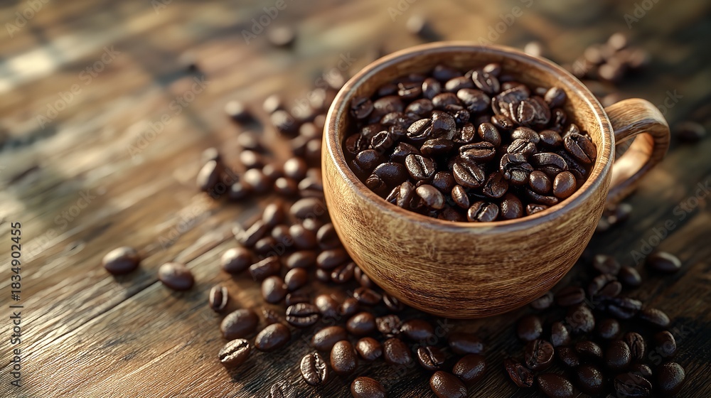 Fototapeta premium Roasted coffee beans in wooden cup on table background for morning caffeine beverage ingredient concept