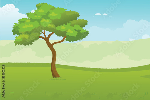 a vibrant green tree stands proudly against a light blue sky backdrop