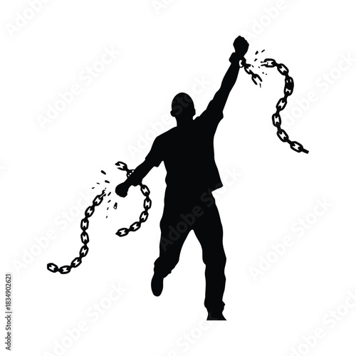 Silhouette of person breaking chains with arms raised