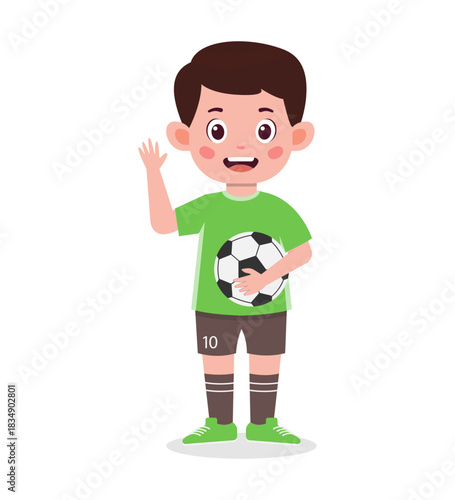 A cartoon boy in a green shirt holding a soccer ball and waving.