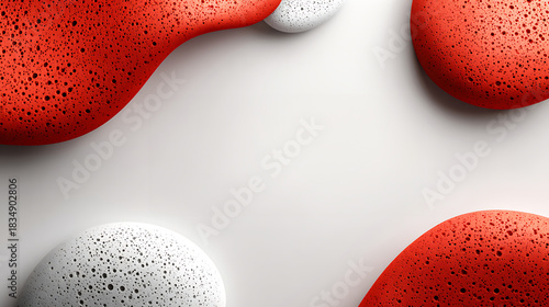 Speckled spheres float over a flowing red fluid, creating a bold contrast against a soft gray background for a modern abstract composition, free space for banner design.