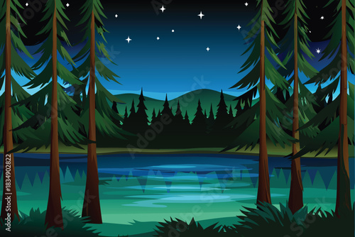 a dark blue night sky over a forest lake with tall pine