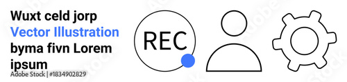 Digital communication, software development, content creation, online interaction, user profiles, interface design. Recording icon, user figure gear outline. Digital communication and software