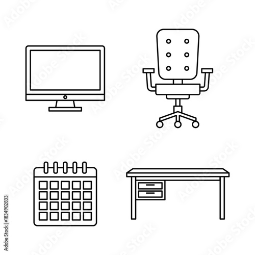 EPS Icons Monitor, Chair, Calendar, and Desk Representing Work Environment and Office Productivity