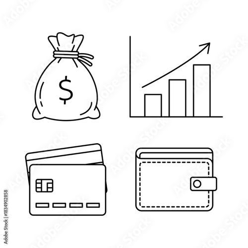 Financial and banking icon set in a minimalist outline style. Includes a money bag, growth chart, credit cards, and a wallet, perfect for illustrating economy and business concepts