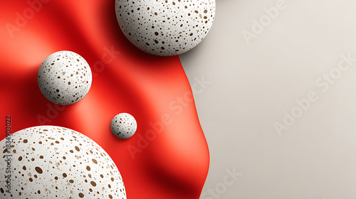 Speckled spheres float over a flowing red fluid, creating a bold contrast against a soft gray background for a modern abstract composition, free space for banner design.