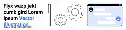 Digital communication, teamwork, tech support, UX design, business solutions, innovation. Image of gears, text box and chat window. Digital communication and teamwork concept