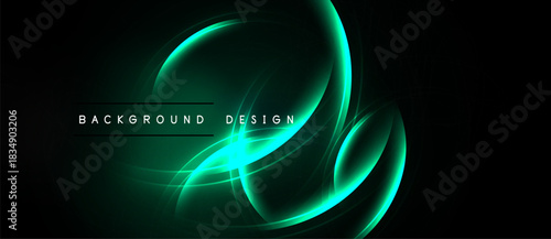 Abstract green lines form flowing shapes against dark background. Text reads background design. Minimalist, modern aesthetic.
