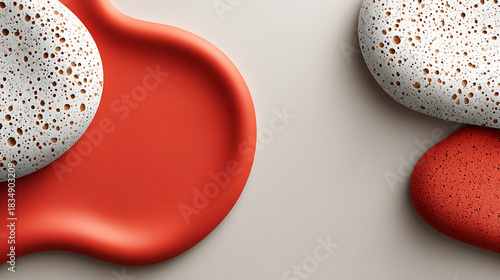 Speckled spheres float over a flowing red fluid, creating a bold contrast against a soft gray background for a modern abstract composition, free space for banner design.