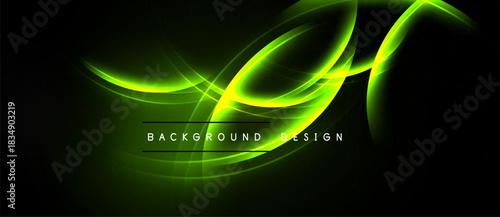Abstract green lines create dynamic flow. Dark background emphasizes bright curves, forming modern design element. Text reads background design.