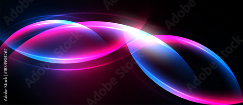 Abstract neon waves, vibrant pinks, blues blend. Bright light flares, dark background creates dramatic effect. Modern design element.