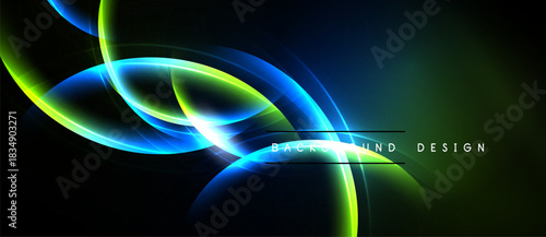 Abstract neon lights create flowing curves. Dark background emphasizes vibrant green, blue glows. Modern design element.