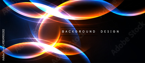 Abstract design features vibrant light streaks, curves, flowing shapes against dark backdrop. Modern, dynamic visual composition.