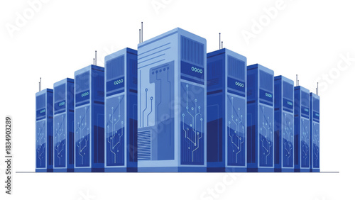 Blue server racks arranged in a modern data center design, depicting secure information storage, robust digital processing, and scalable computing infrastructure for enterprise networks