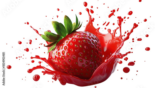 A strawberry splashes into a pool of bright red liquid. creating dynamic droplets that scatter in all directions. symbolizing freshness and vitality. perfect for culinary or beverage promotions