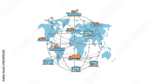 Global Logistics and Supply Chain Network Interconnected transportation, international trade, and distribution hubs across the world map, illustrating efficient worldwide commerce