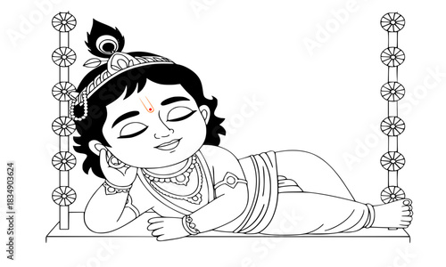 Cute Baby Krishna Sleeping on Swing Black and White Line Art, Indian God Bal Krishna Line Drawing Coloring Page for Hindu Festivals like Janmashtami