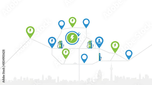 Urban electric vehicle charging network visualization, illustrating sustainable city infrastructure and smart energy solutions for green mobility and future transport