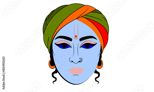 Lord Krishna Face Illustration with Blue Skin and Colorful Turban, Indian Hindu Deity Portrait Vector Art for Janmashtami and Religious Design