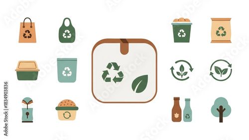 Eco-friendly packaging and recycling icons for sustainable business and lifestyle choices