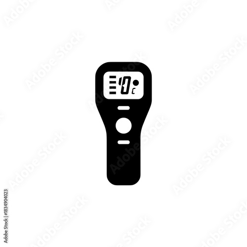 Minimal black silhouette infrared thermometer icon with a digital screen display