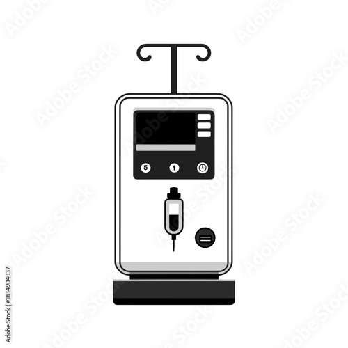 Minimalist medical infusion pump icon with display, syringe symbol, and control buttons in a clean black and white style