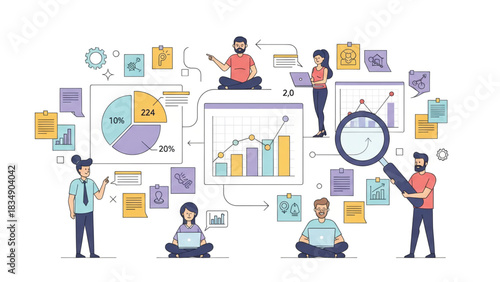 Business data analysis and strategy planning with charts, graphs, and teamwork for growth