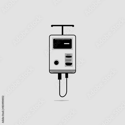 Modern infusion pump illustration with digital screen, front controls, and cable attachments on a light background