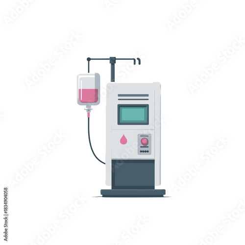 Modern infusion pump with digital display and hanging IV bag in a clean clinical illustration style
