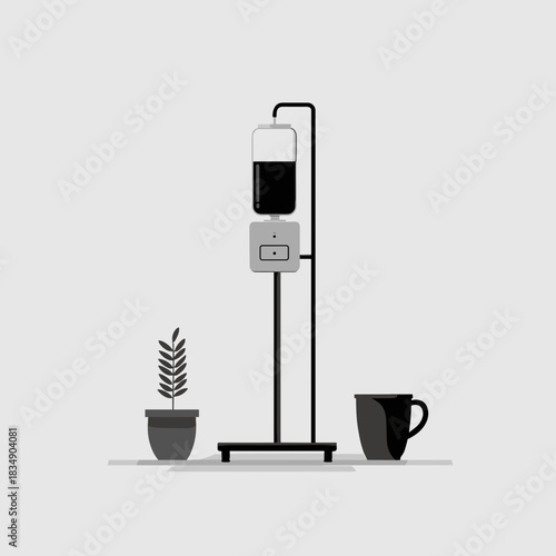 A modern infusion stand with a black and white fluid bottle beside a plant and mug in a minimalist conceptual scene