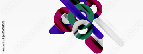 Abstract shapes intertwine, creating dynamic composition. Colors include purple, green, crimson, white. Minimalist design, modern aesthetic.