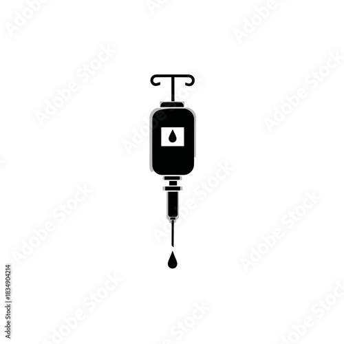 Simple black IV infusion set icon with a fluid bag and drop on a white background