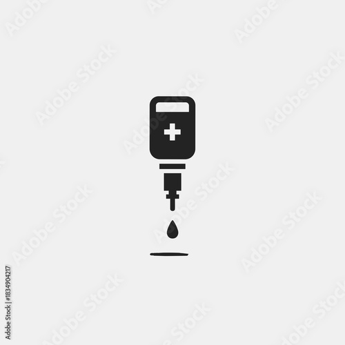 Black silhouette of a medical IV bag with a cross symbol and a droplet falling from the tube