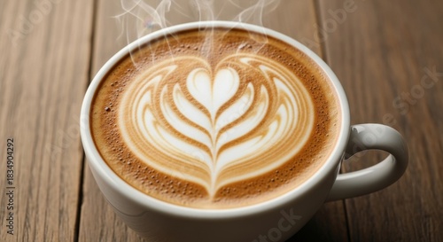Close-up of Steaming Coffee Art on Wooden Table for Morning Relaxation Aesthetic