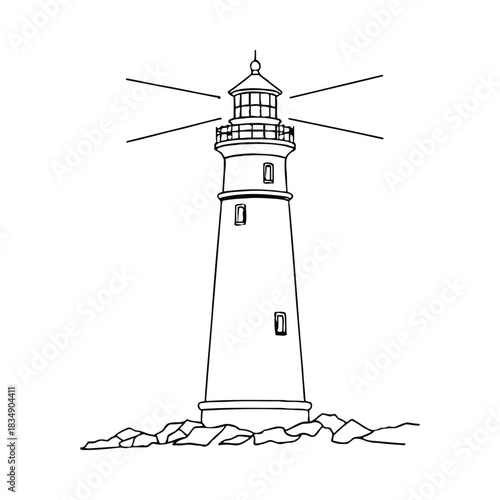 Outline illustration of a lighthouse on rocks beacon