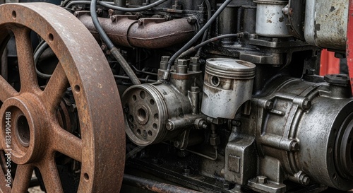 Close-up of vintage tractor engine showcasing intricate mechanical details and weathered textures