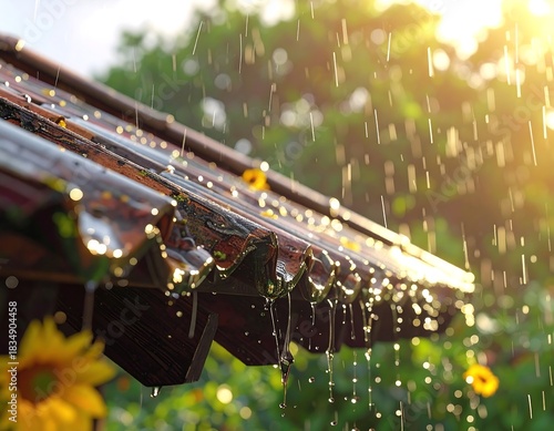 Close-up of a tiled roof glistening in the rain, with sunlight peeking through, highlighting water droplets, and greenery