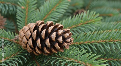 Close-up photography unveils the intricate beauty of a pinecone nestled amidst verdant evergreen
