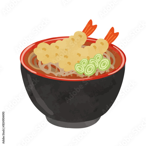 海老天そば　水彩風手描きベクターイラスト