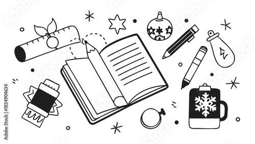 Creative doodle composition of stationery and holiday study elements