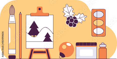Creative Art Supplies and Winter Holiday Items Flat Vector Graphic Design