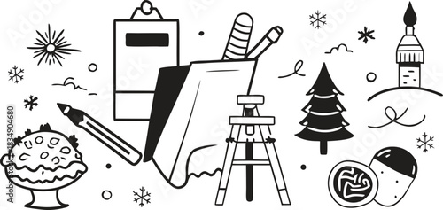 Black and White Doodle Set of Art Supplies Winter Elements Dessert